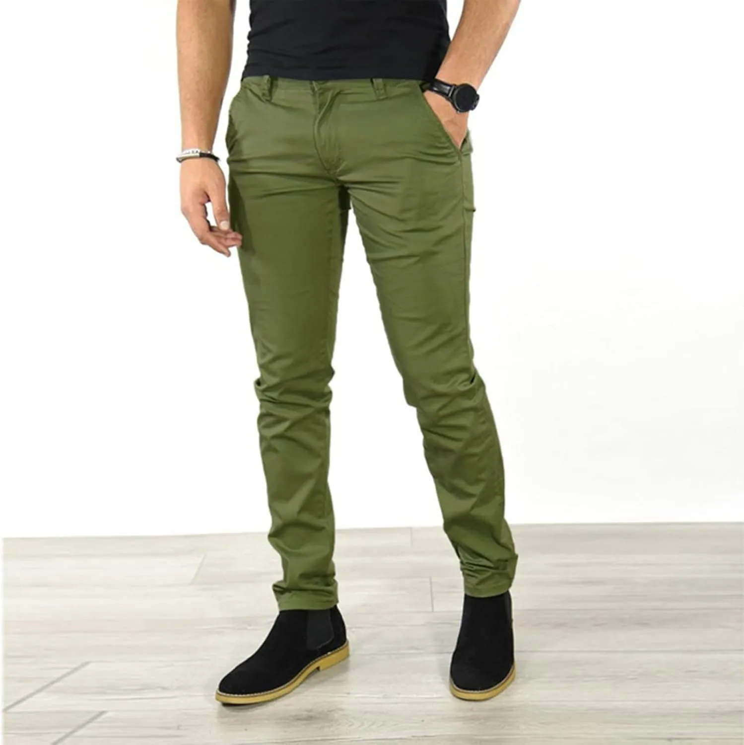 GIERIDUC Men's Linen Cotton Pants Men's Elasticated Waist Smart Trousers Mens Stretch Waist Trousers Mens Dark Green Trousers