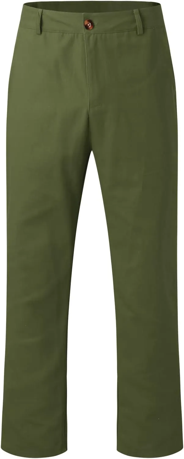 GIERIDUC Men's Linen Cotton Pants Men's Elasticated Waist Smart Trousers Mens Stretch Waist Trousers Mens Dark Green Trousers