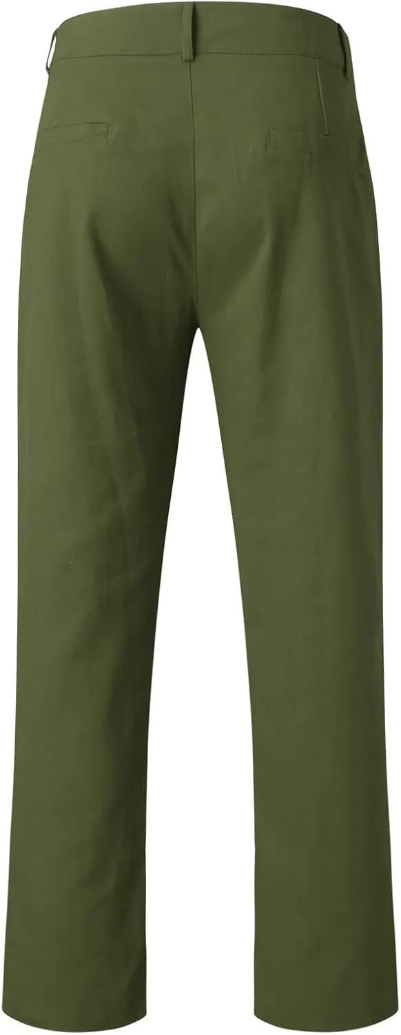 GIERIDUC Men's Linen Cotton Pants Men's Elasticated Waist Smart Trousers Mens Stretch Waist Trousers Mens Dark Green Trousers