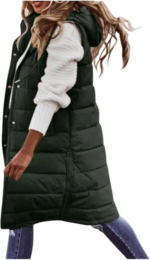 GOKKILRW Womens Winter Long Puffer Vests Outdoor Sleeveless Quilted Down Coats with Hood Warm Zip Up Cotton Padded Jackets