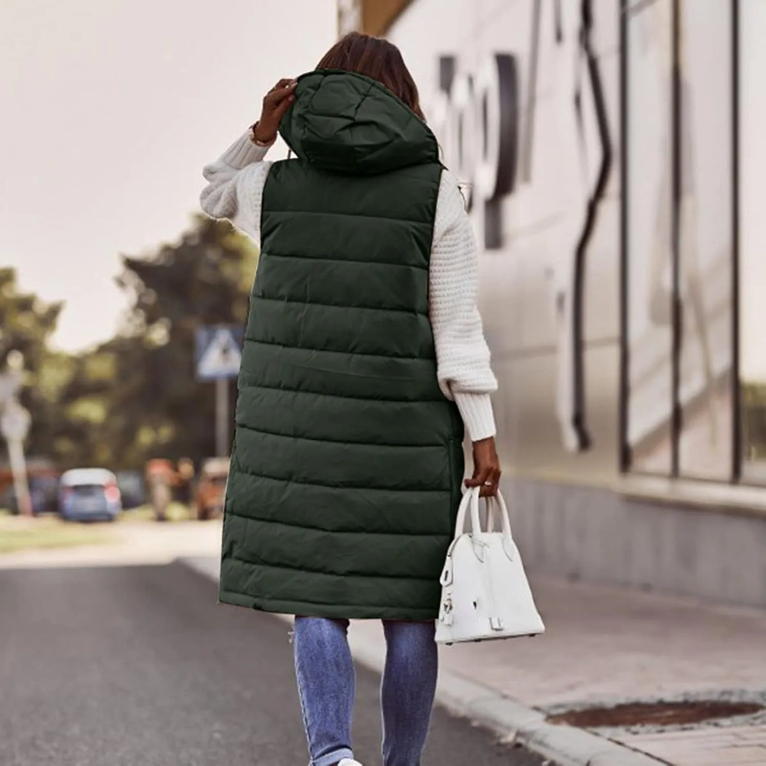 GOKKILRW Womens Winter Long Puffer Vests Outdoor Sleeveless Quilted Down Coats with Hood Warm Zip Up Cotton Padded Jackets