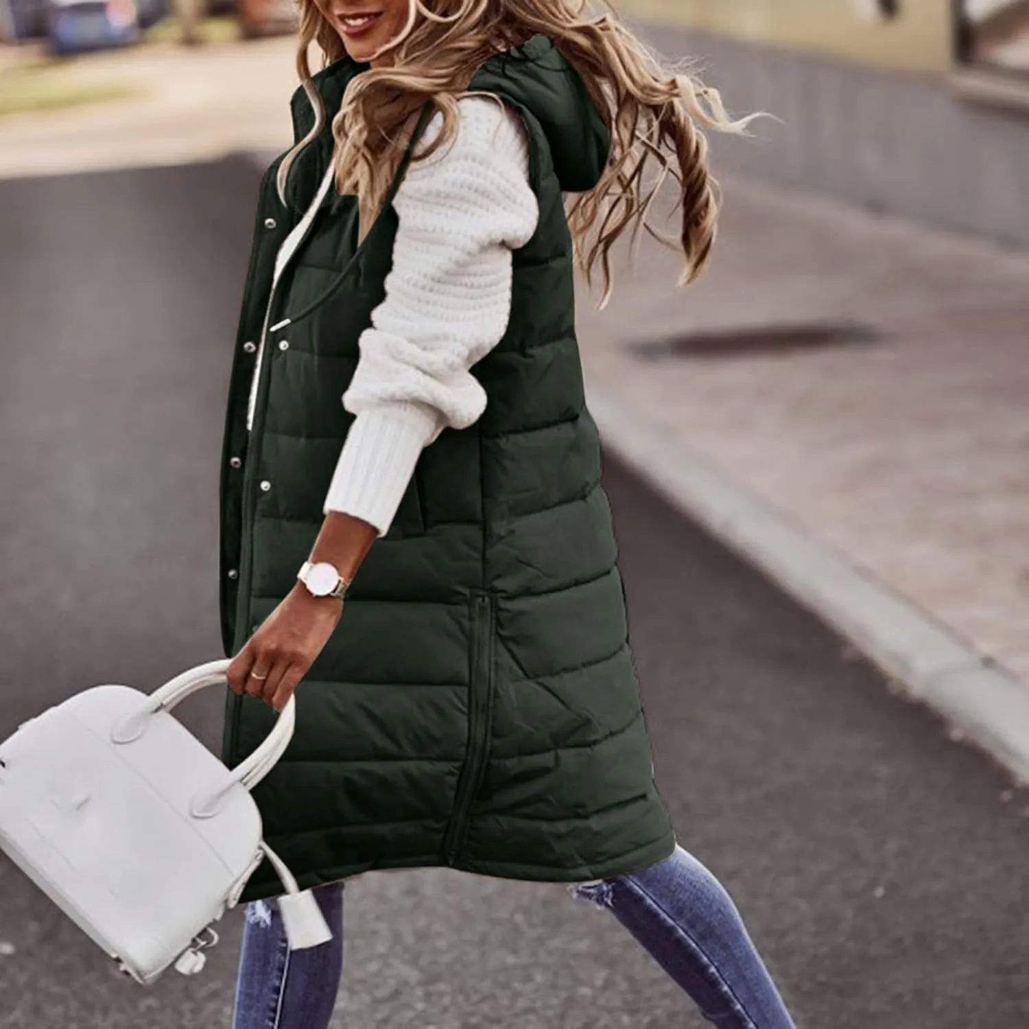GOKKILRW Womens Winter Long Puffer Vests Outdoor Sleeveless Quilted Down Coats with Hood Warm Zip Up Cotton Padded Jackets