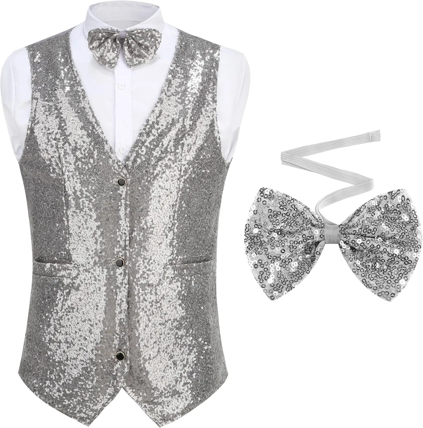 GRAJTCIN Mens Sequin Vest V-Neck Prom Vest Jacket Shiny Party Dress Suit Waistcoat Bowtie Set