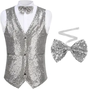 GRAJTCIN Mens Sequin Vest V-Neck Prom Vest Jacket Shiny Party Dress Suit Waistcoat Bowtie Set
