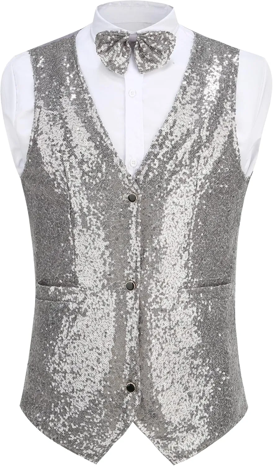 GRAJTCIN Mens Sequin Vest V-Neck Prom Vest Jacket Shiny Party Dress Suit Waistcoat Bowtie Set