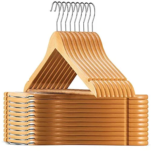 High-Grade Wooden Suit Hangers 30 Pack with Non Slip Pants Bar - Smooth Finish Solid Wood Coat Hanger with 360° Swivel Hook and Precisely Cut Notches for Camisole, Jacket, Pant, Dress Clothes Hangers