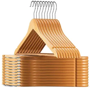 High-Grade Wooden Suit Hangers 30 Pack with Non Slip Pants Bar - Smooth Finish Solid Wood Coat Hanger with 360° Swivel Hook and Precisely Cut Notches for Camisole, Jacket, Pant, Dress Clothes Hangers