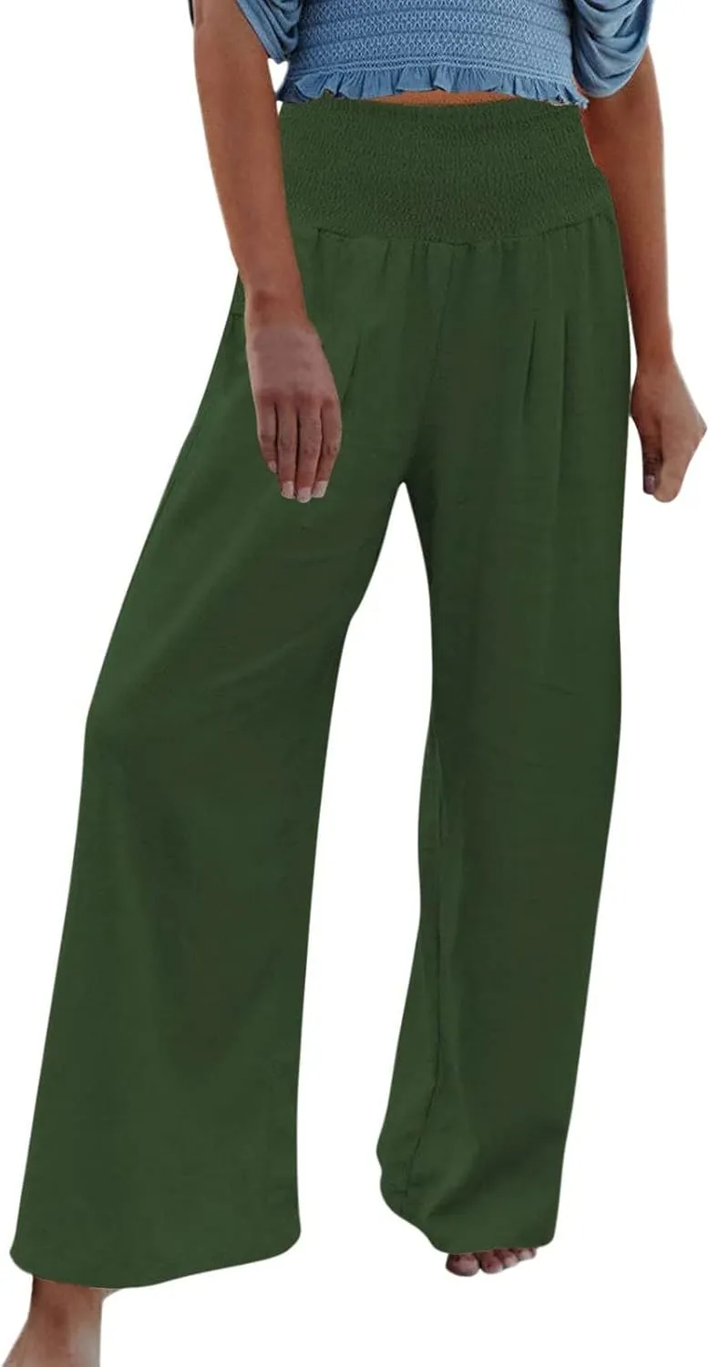 hlysgo Wide Leg Pants Women Smocked Waist Loose Fit Lounge Pants Fashion High Waisted Cotton Linen Straight Trouser Pants