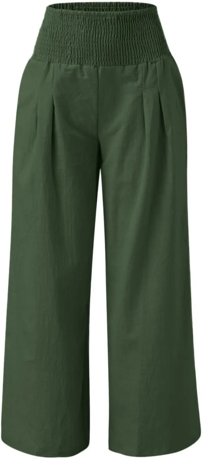 hlysgo Wide Leg Pants Women Smocked Waist Loose Fit Lounge Pants Fashion High Waisted Cotton Linen Straight Trouser Pants