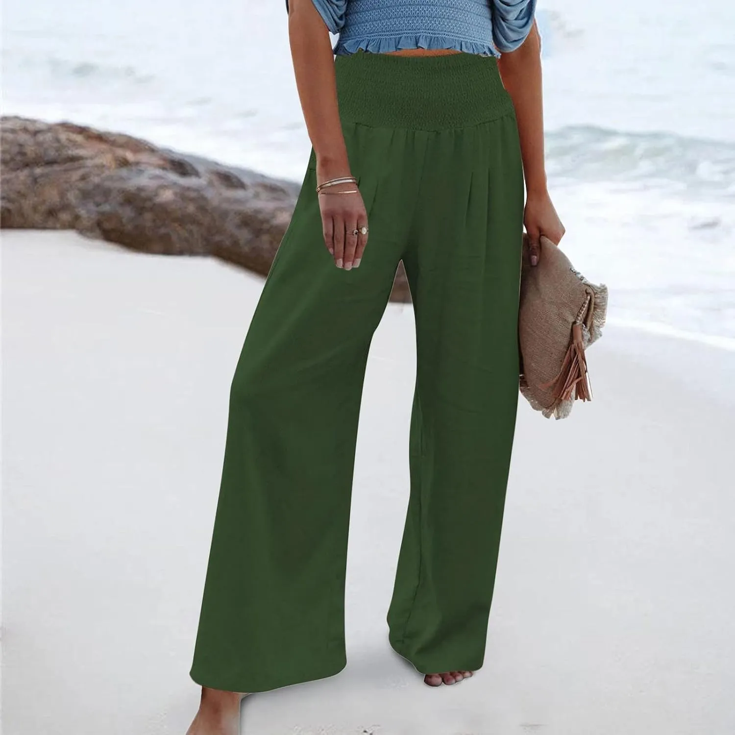 hlysgo Wide Leg Pants Women Smocked Waist Loose Fit Lounge Pants Fashion High Waisted Cotton Linen Straight Trouser Pants