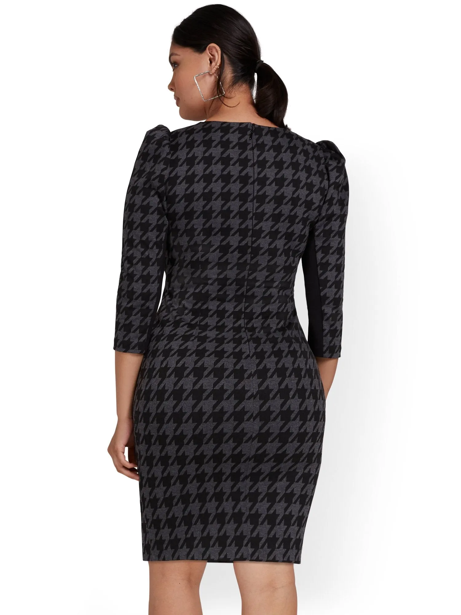 Houndstooth Puff-Sleeve Sheath Dress