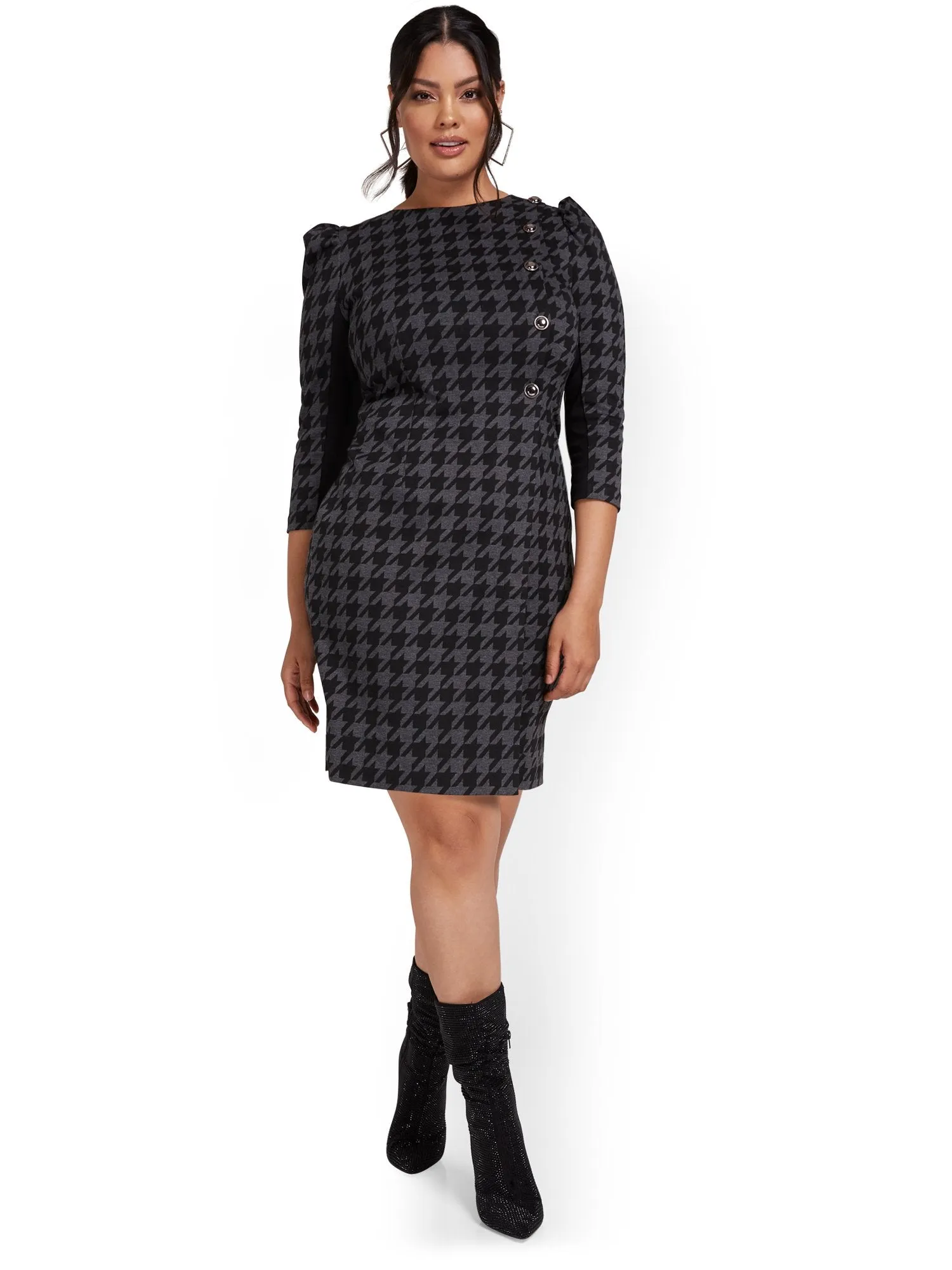 Houndstooth Puff-Sleeve Sheath Dress