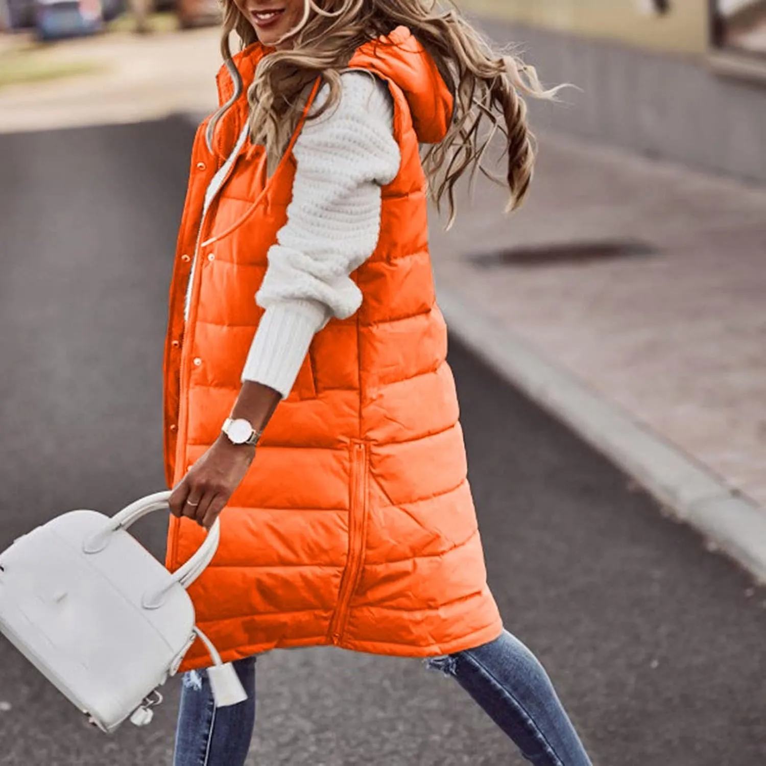 iLH Womens Sleeveless Long Coat Cotton Padded Full Zip Hooded Extra Long Vest with Pocket Windbreaker Jacket Coat for Women