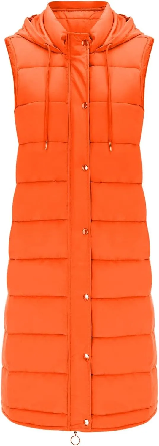 iLH Womens Sleeveless Long Coat Cotton Padded Full Zip Hooded Extra Long Vest with Pocket Windbreaker Jacket Coat for Women