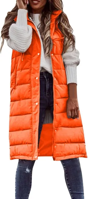 iLH Womens Sleeveless Long Coat Cotton Padded Full Zip Hooded Extra Long Vest with Pocket Windbreaker Jacket Coat for Women