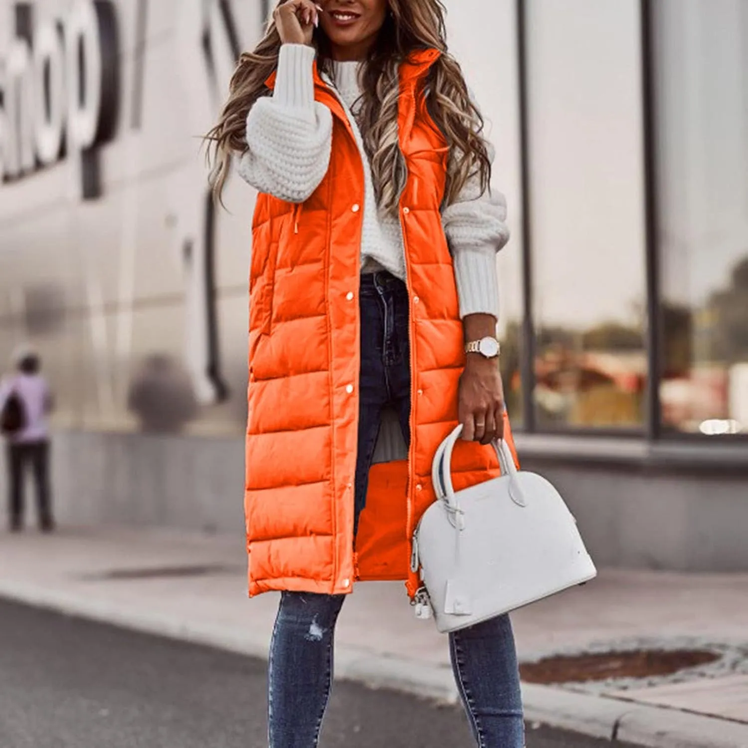 iLH Womens Sleeveless Long Coat Cotton Padded Full Zip Hooded Extra Long Vest with Pocket Windbreaker Jacket Coat for Women