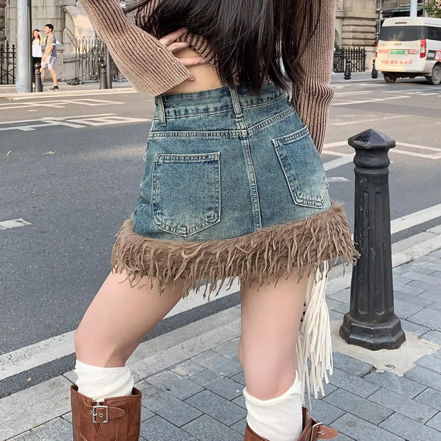 Jean Skirts for Women Y2k High Waisted Tassel Stretchy Mini Denim Skirt with Faux Fur Trim