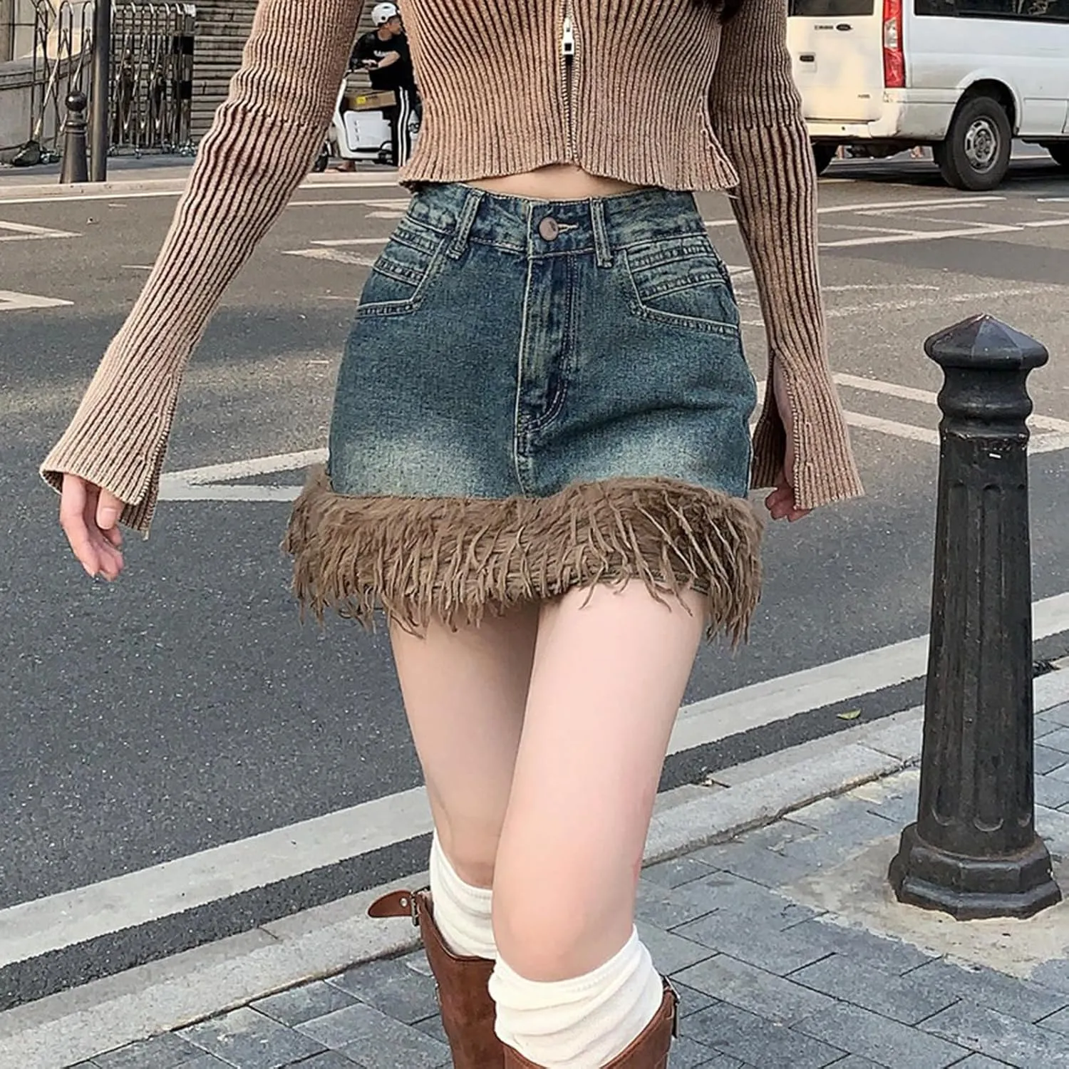 Jean Skirts for Women Y2k High Waisted Tassel Stretchy Mini Denim Skirt with Faux Fur Trim