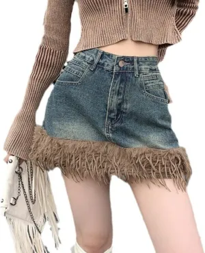 Jean Skirts for Women Y2k High Waisted Tassel Stretchy Mini Denim Skirt with Faux Fur Trim