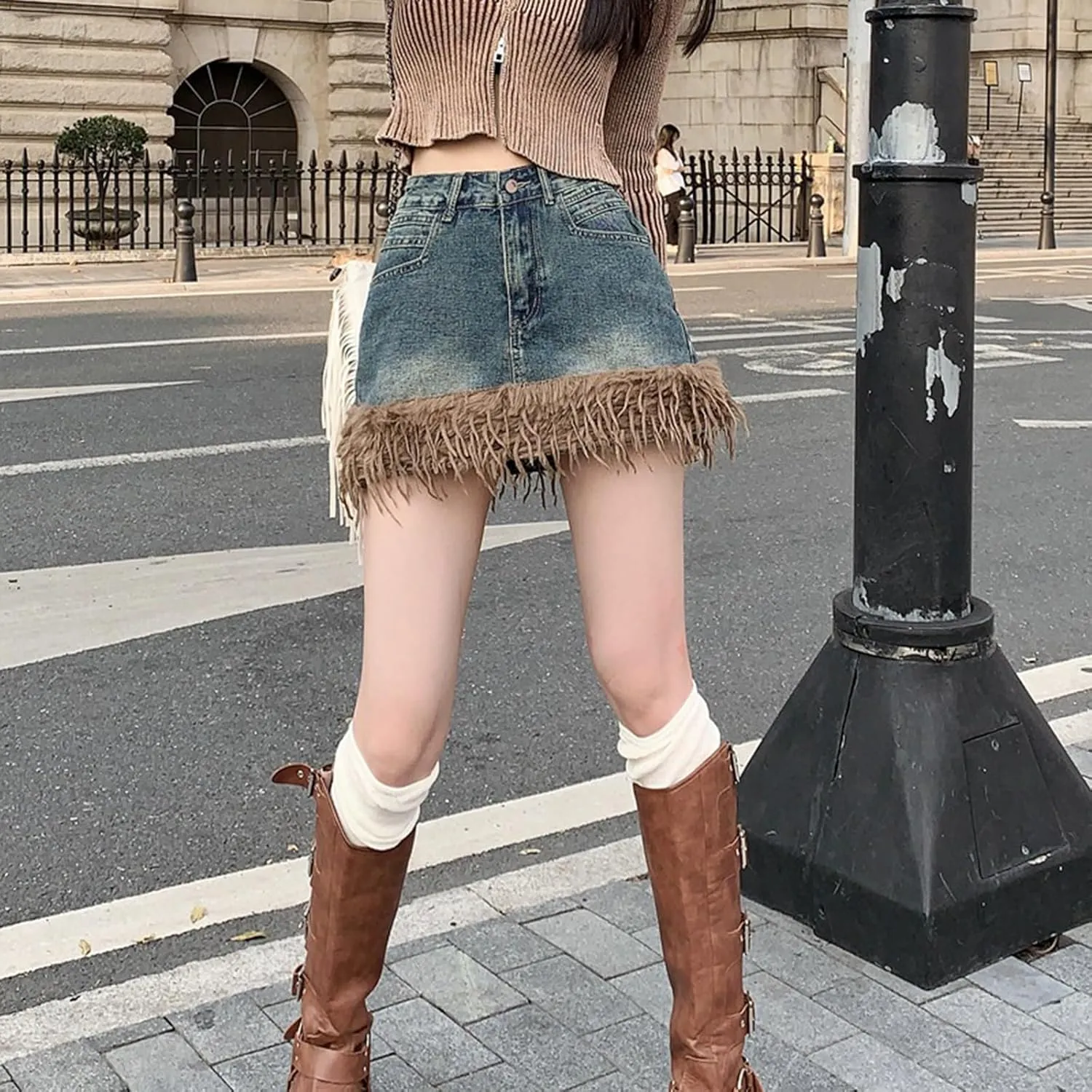 Jean Skirts for Women Y2k High Waisted Tassel Stretchy Mini Denim Skirt with Faux Fur Trim