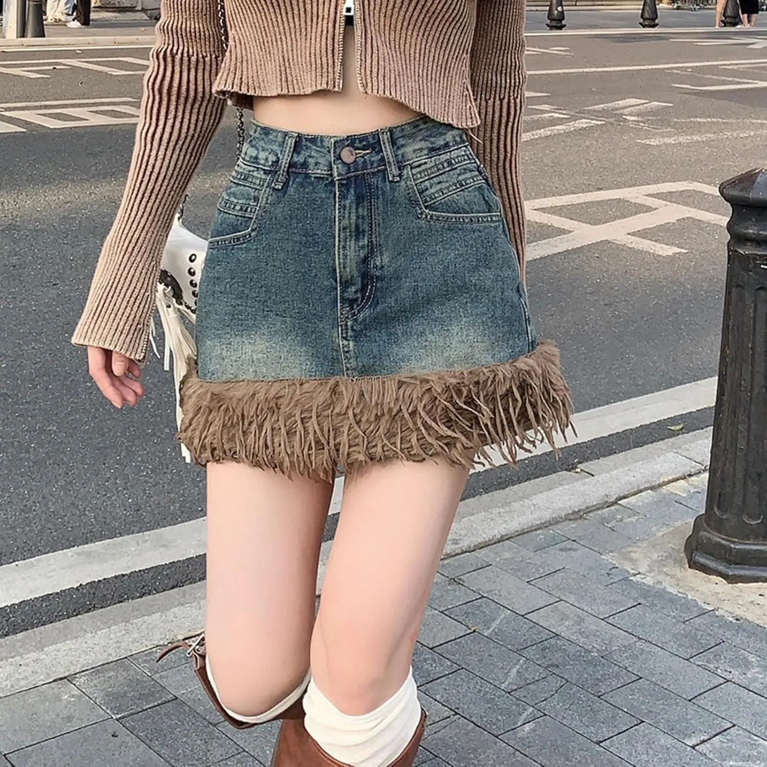 Jean Skirts for Women Y2k High Waisted Tassel Stretchy Mini Denim Skirt with Faux Fur Trim