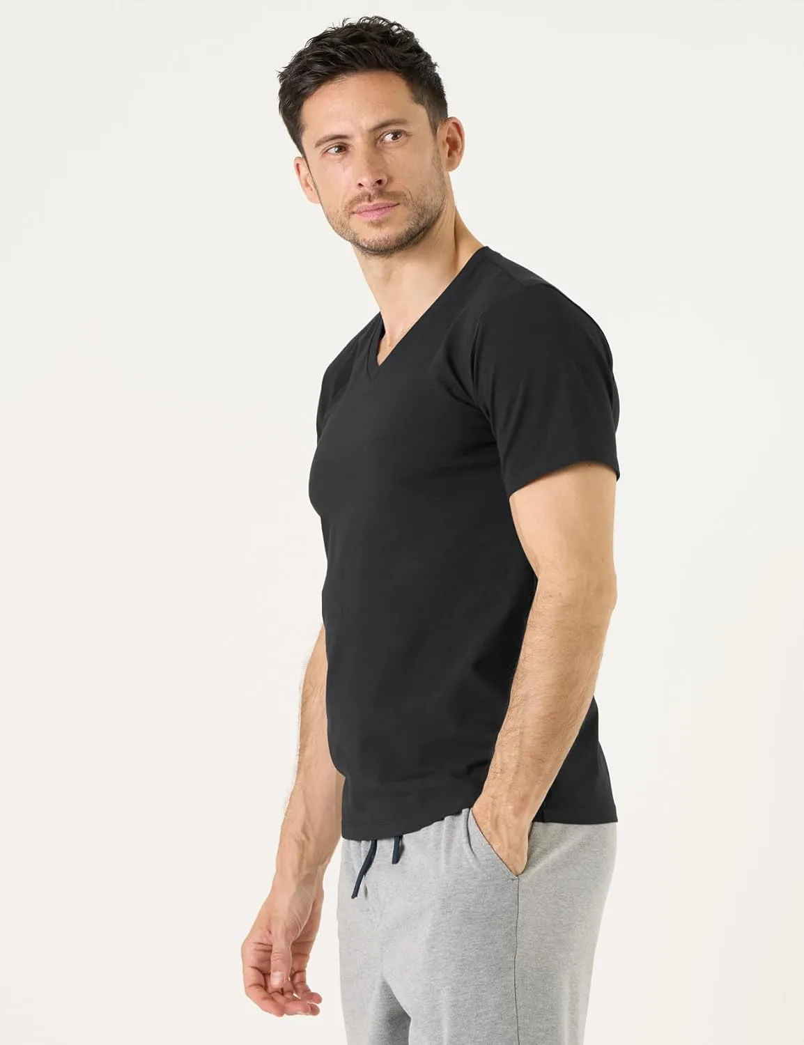 LAPASA Mens Cotton T-Shirt 3 Pack Stretch Solid Plain Short Sleeve Tag-Free Crew & V Neck Regular-Fit Soft M05/M06