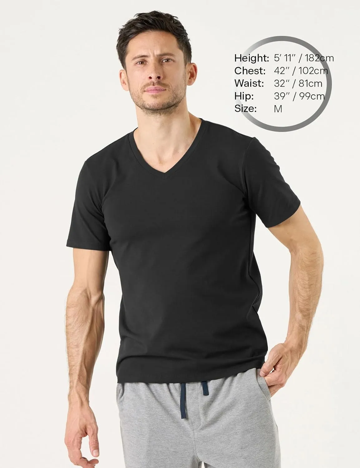 LAPASA Mens Cotton T-Shirt 3 Pack Stretch Solid Plain Short Sleeve Tag-Free Crew & V Neck Regular-Fit Soft M05/M06