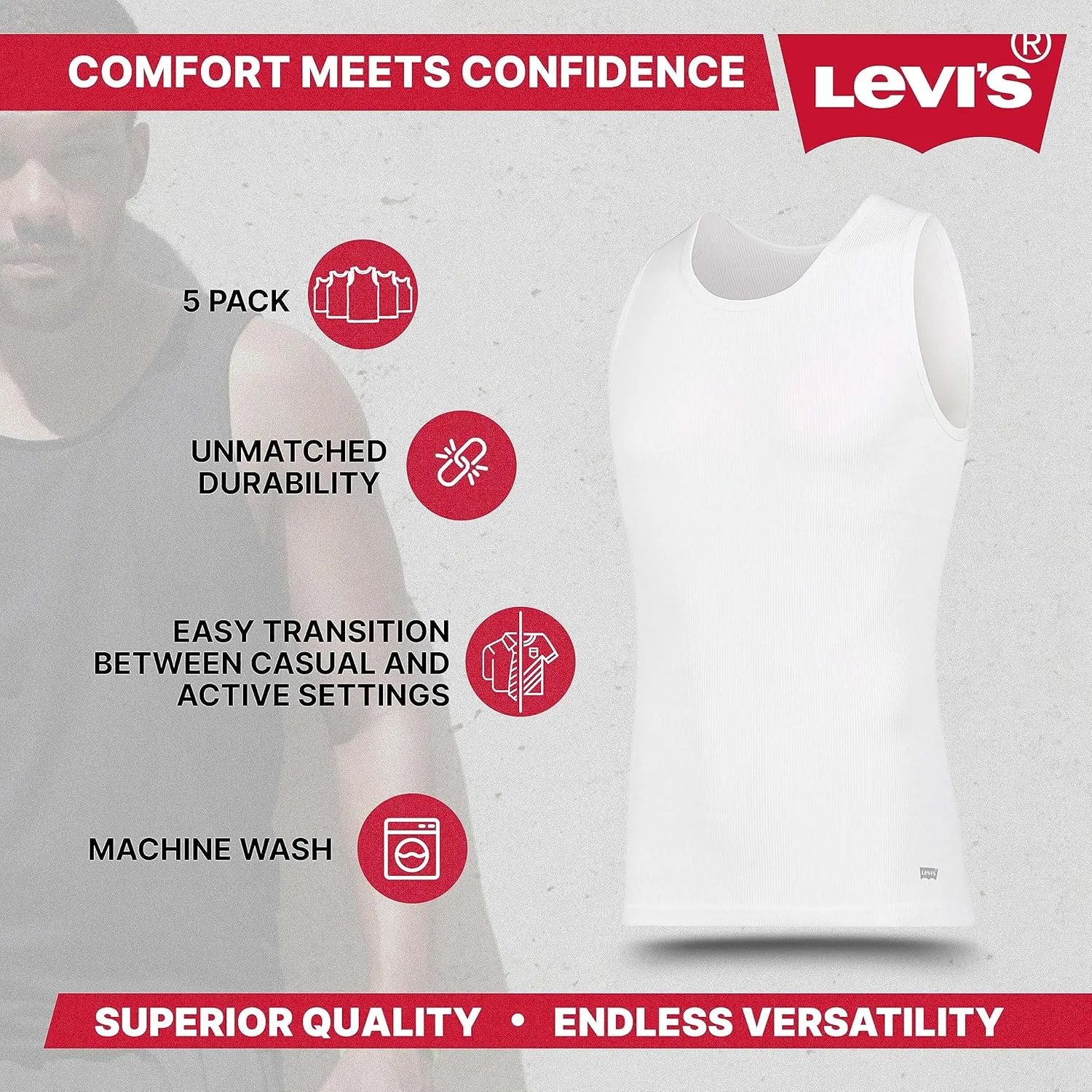 Levi's Lightweight Tank Tops for Men, 5 Pack Classic Ribbed Cotton Mens Undershirts