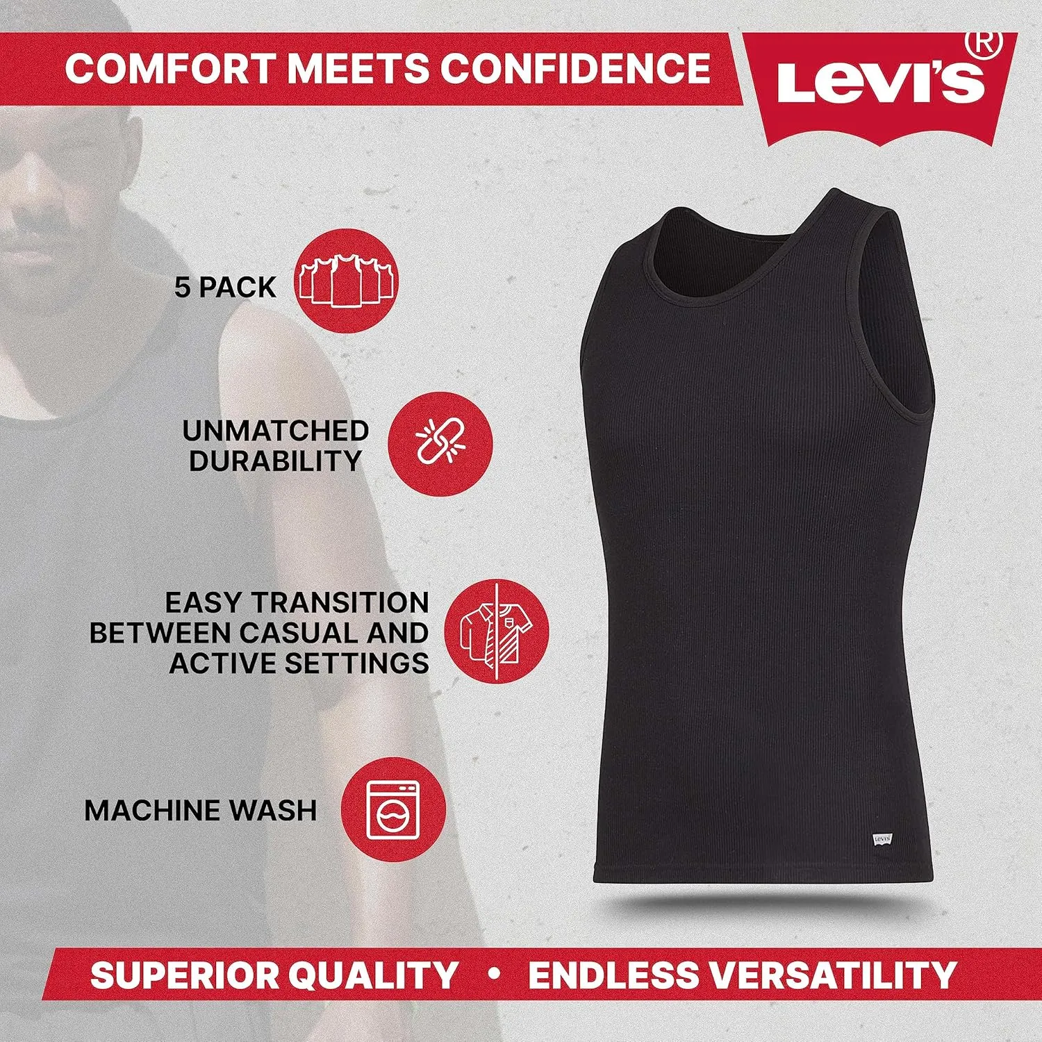 Levi's Lightweight Tank Tops for Men, 5 Pack Classic Ribbed Cotton Mens Undershirts