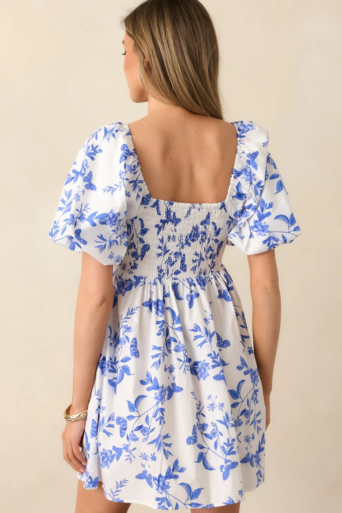 Meadow Stroll Cotton Blue Puff Sleeve Mini Dress