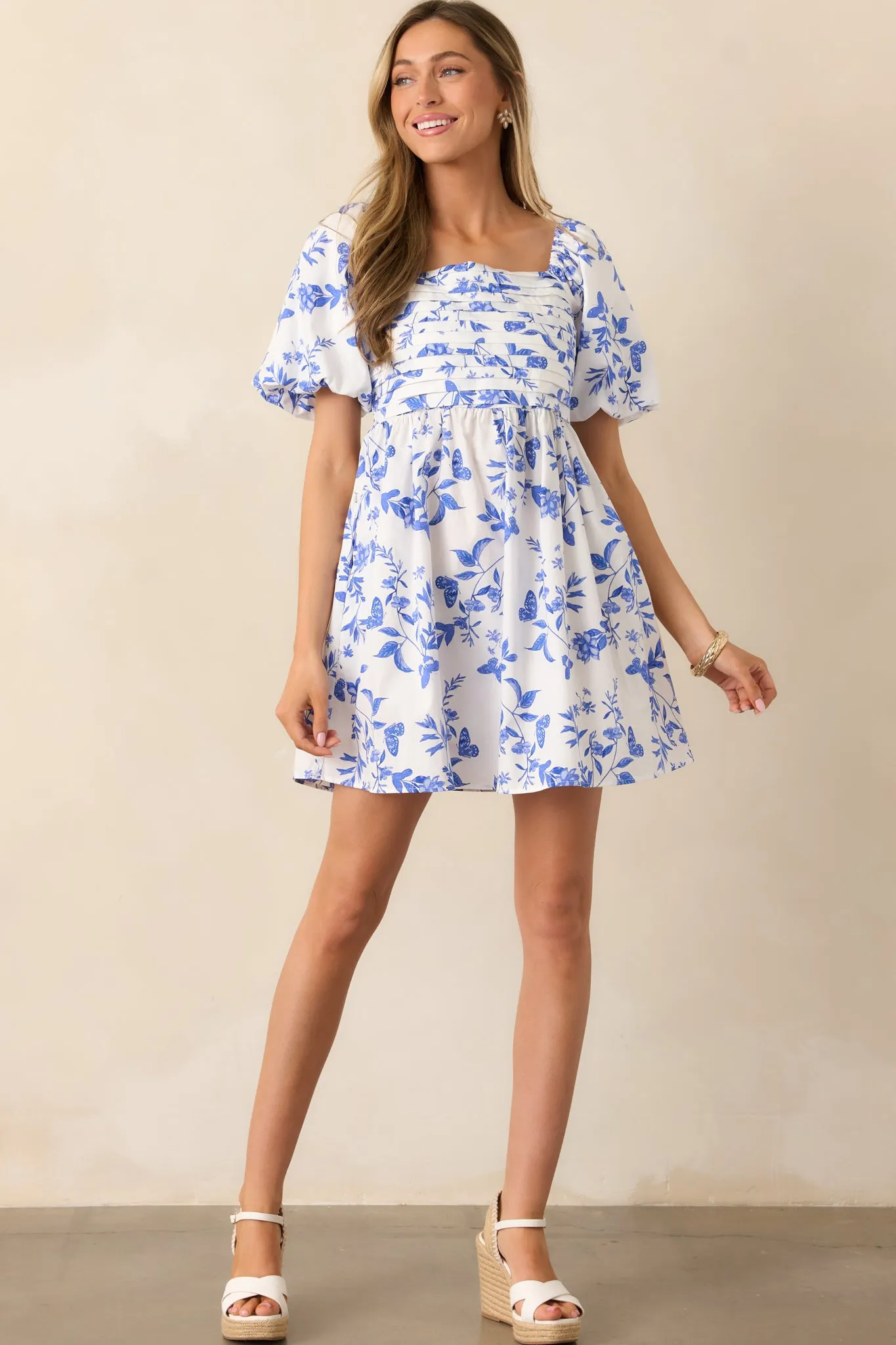 Meadow Stroll Cotton Blue Puff Sleeve Mini Dress