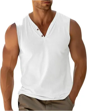 Men Casual Tanks V Neck Button Sleeveless Henley Shirts Basic Solid Color Tank Tops Summer Beach Vacation Muscle Vests