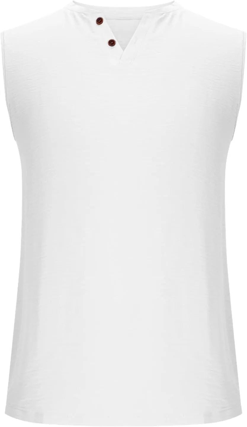 Men Casual Tanks V Neck Button Sleeveless Henley Shirts Basic Solid Color Tank Tops Summer Beach Vacation Muscle Vests