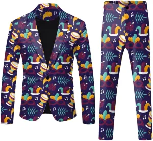Mens 2 Piece Mardi Gras Casual Sweatsuits One Buttton Notched Lapel Party Floral Suit Jacket Dress Pants Suits Set