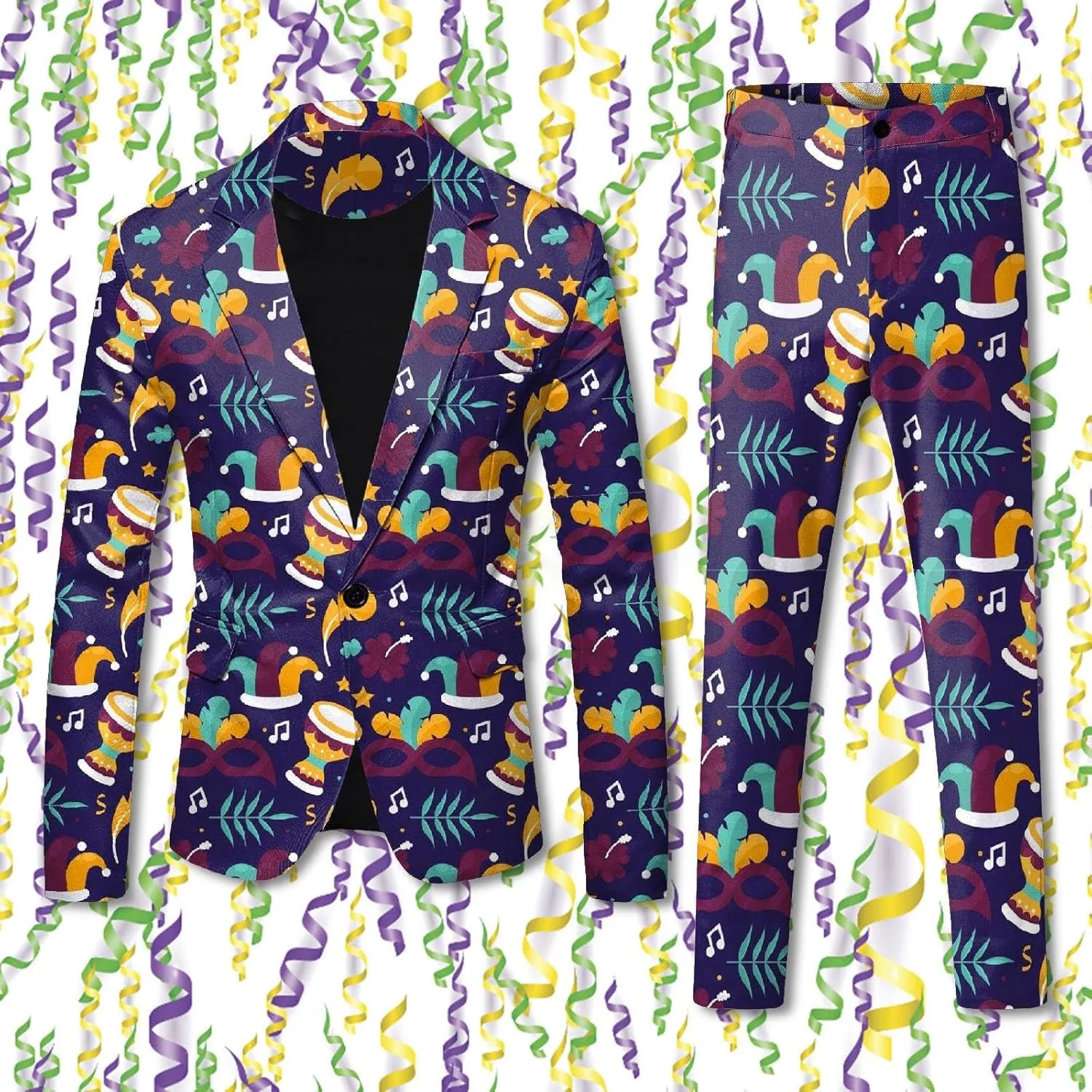 Mens 2 Piece Mardi Gras Casual Sweatsuits One Buttton Notched Lapel Party Floral Suit Jacket Dress Pants Suits Set