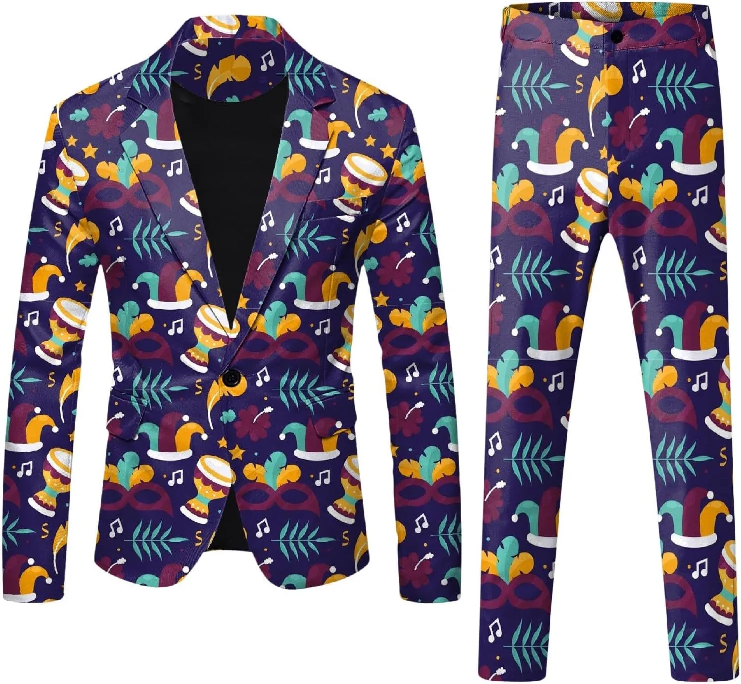 Mens 2 Piece Mardi Gras Casual Sweatsuits One Buttton Notched Lapel Party Floral Suit Jacket Dress Pants Suits Set