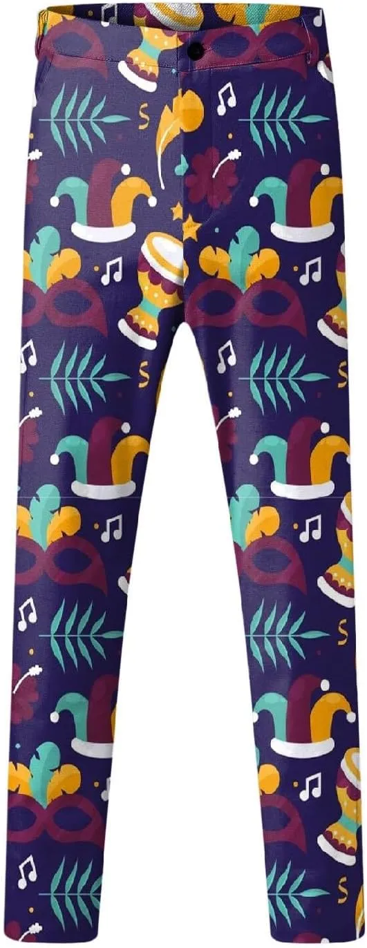 Mens 2 Piece Mardi Gras Casual Sweatsuits One Buttton Notched Lapel Party Floral Suit Jacket Dress Pants Suits Set