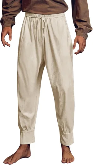 Mens Casual Pants Elastic Waist Drawstring Retro Medieval Tapered Pants Lightweight Slim Fit Summer Beach Yoga Trousers