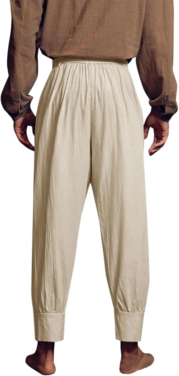 Mens Casual Pants Elastic Waist Drawstring Retro Medieval Tapered Pants Lightweight Slim Fit Summer Beach Yoga Trousers