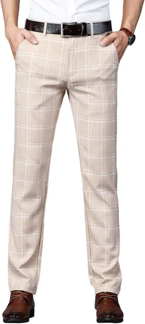 Mens Casual Plaid Pants Fashion Retro Tapered Stretch Pants Slim Fit Business Dress Chino Pants