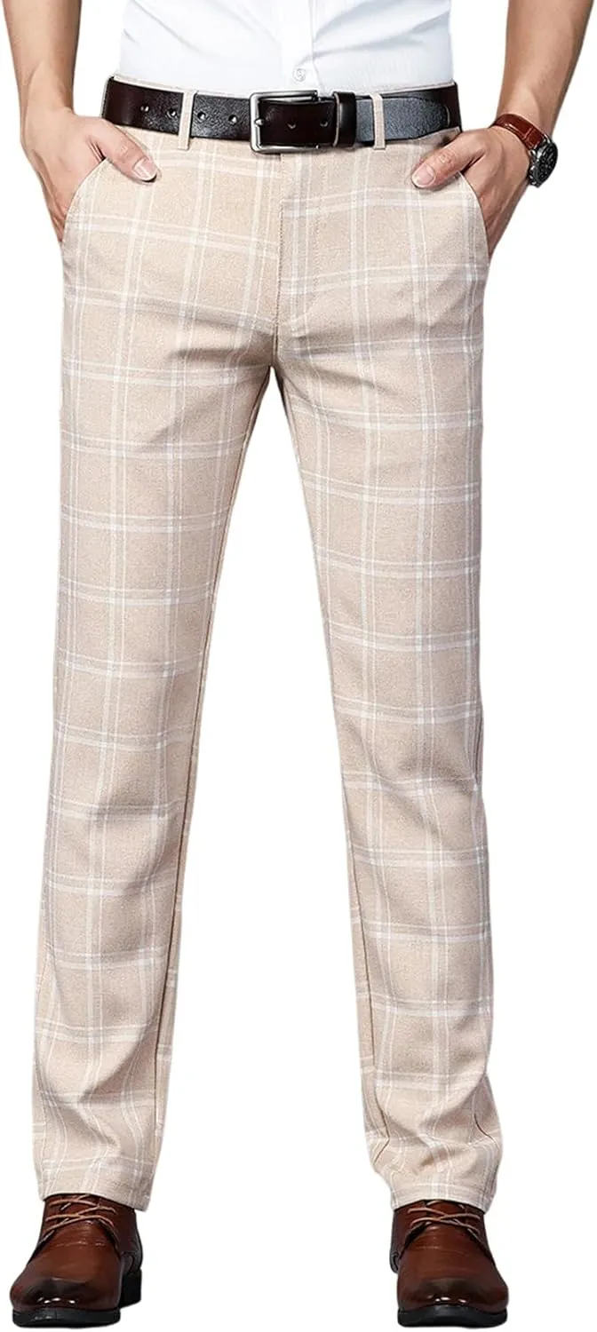 Mens Casual Plaid Pants Fashion Retro Tapered Stretch Pants Slim Fit Business Dress Chino Pants