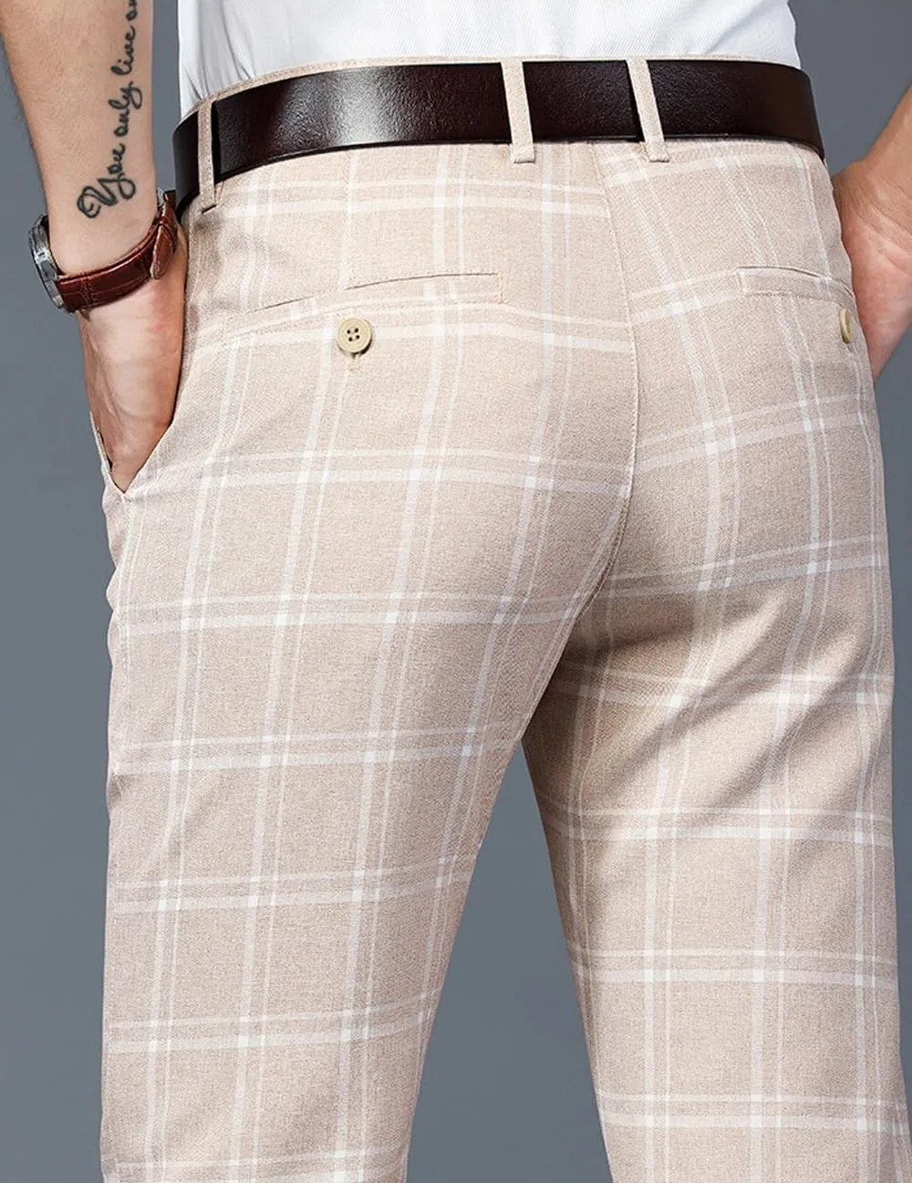 Mens Casual Plaid Pants Fashion Retro Tapered Stretch Pants Slim Fit Business Dress Chino Pants