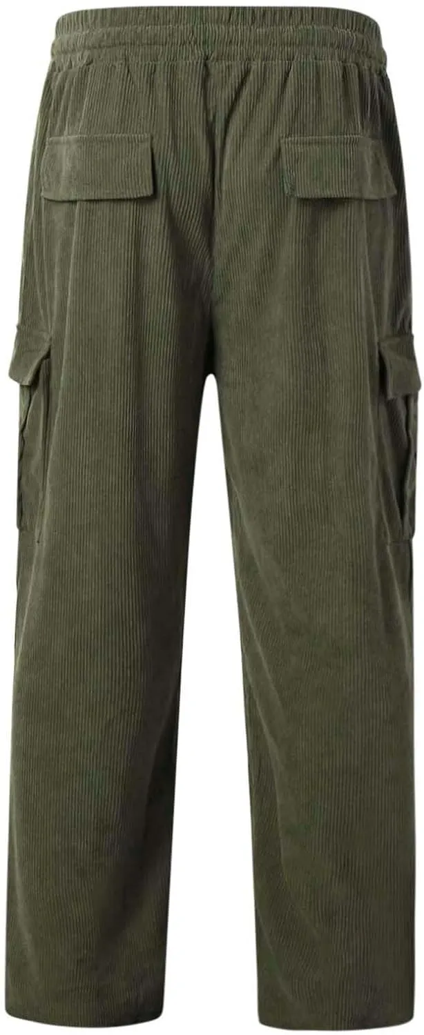 Mens Corduroy Cargo Pants Big and Tall Loose Fit Retro Workwear Sweatpants Casual Straight Leg Plus Size Baggy Trousers