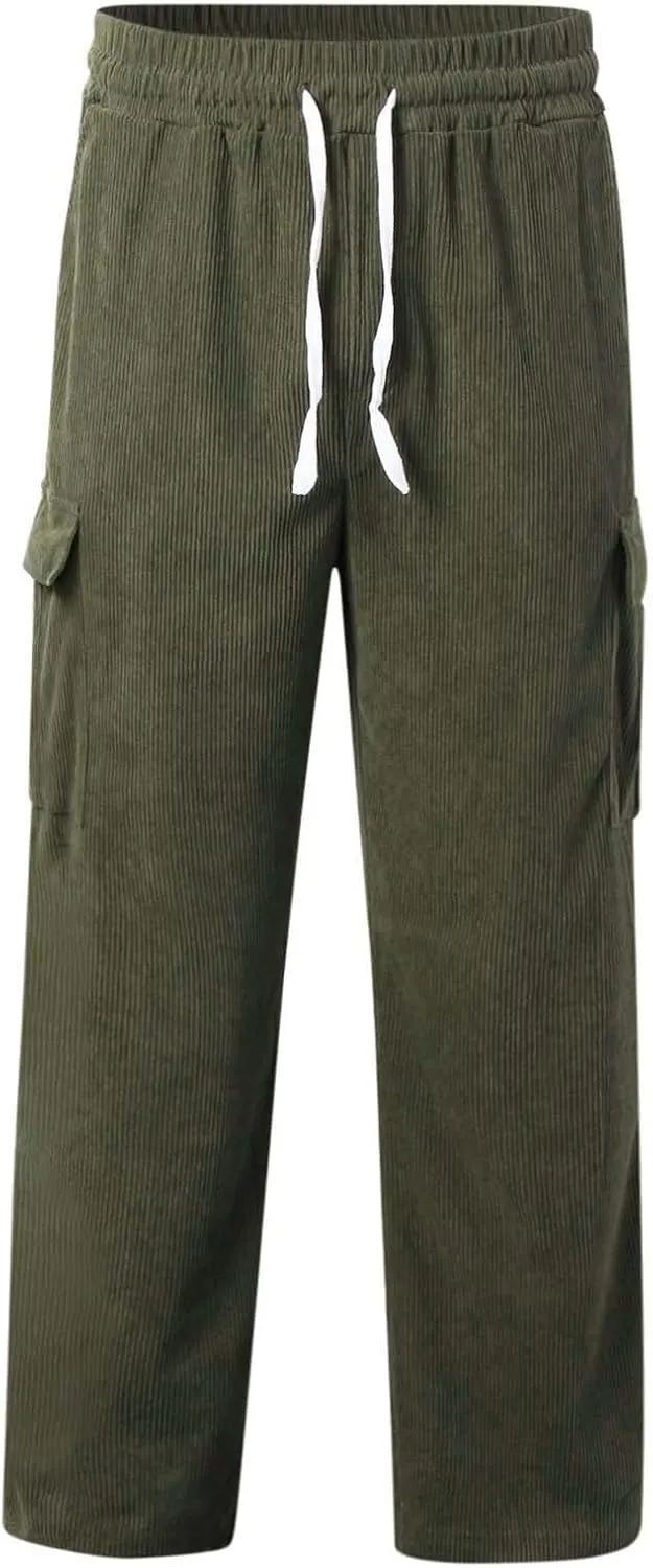Mens Corduroy Cargo Pants Big and Tall Loose Fit Retro Workwear Sweatpants Casual Straight Leg Plus Size Baggy Trousers