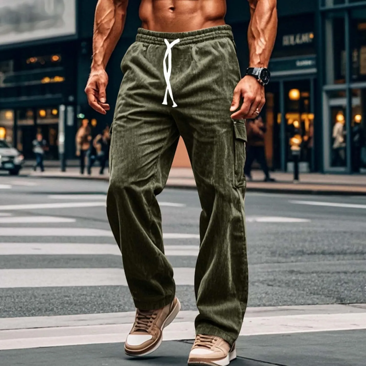 Mens Corduroy Cargo Pants Big and Tall Loose Fit Retro Workwear Sweatpants Casual Straight Leg Plus Size Baggy Trousers