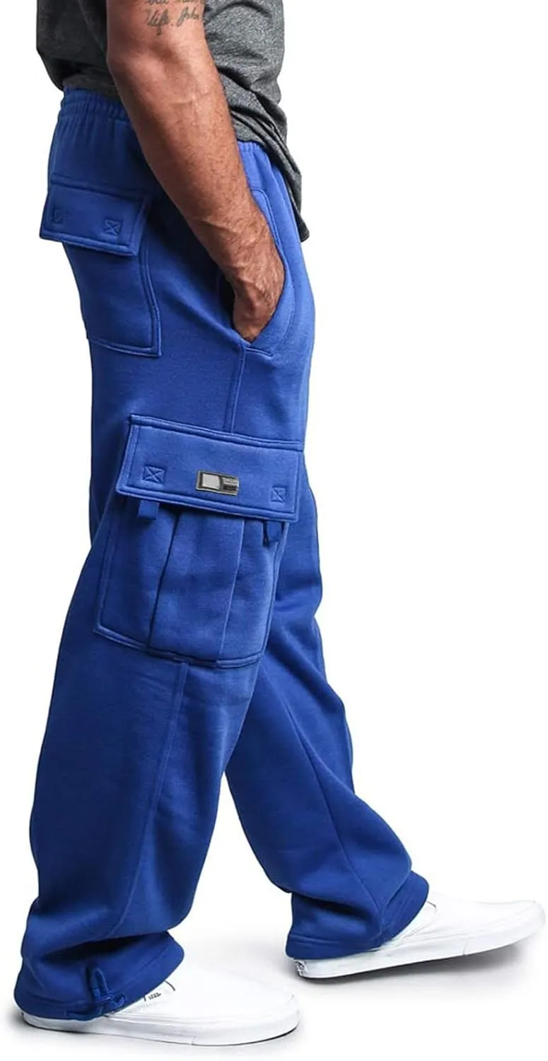 Mens Fleece Cargo Sweatpants Big and Tall Baggy Drawstring Joggers Plus Size Loose Stretch Waist Straight Atheltic Pants