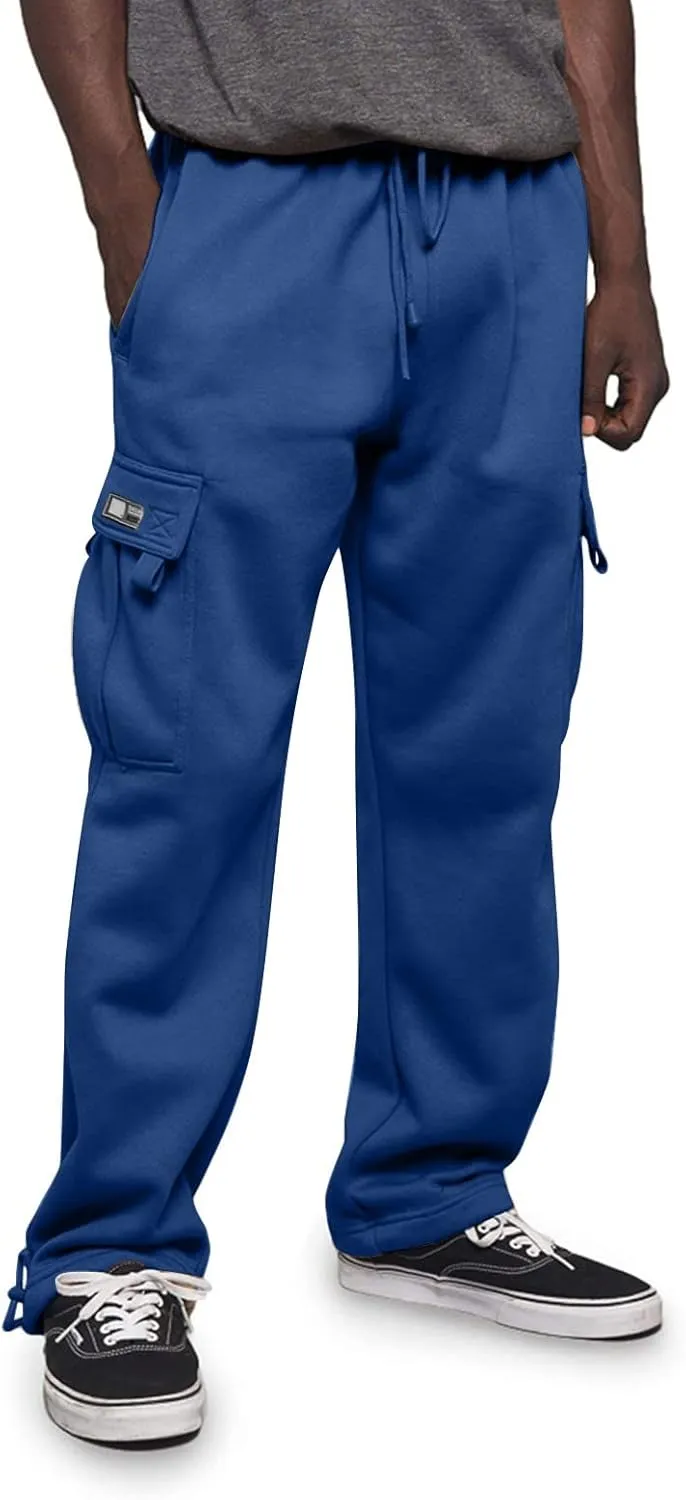 Mens Fleece Cargo Sweatpants Big and Tall Baggy Drawstring Joggers Plus Size Loose Stretch Waist Straight Atheltic Pants