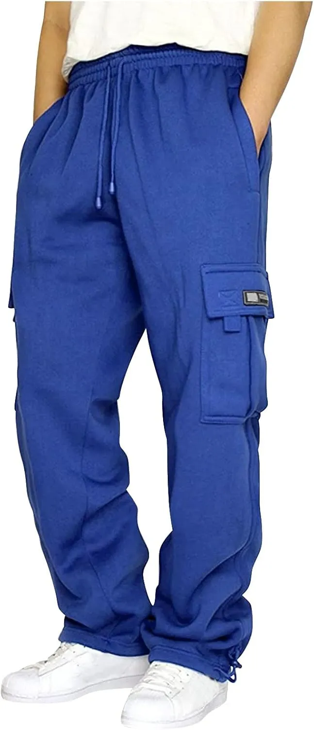 Mens Fleece Cargo Sweatpants Big and Tall Baggy Drawstring Joggers Plus Size Loose Stretch Waist Straight Atheltic Pants