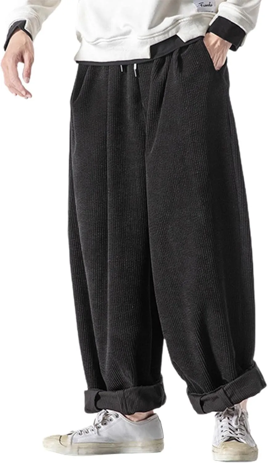 Men's Retro Corduroy Pants Elastic Waist Drawstring Baggy Harem Pants Stretch Fit Plus Size Bloomers Slacks with Pockets