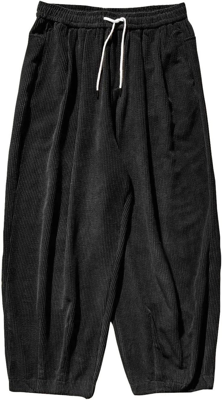 Men's Retro Corduroy Pants Elastic Waist Drawstring Baggy Harem Pants Stretch Fit Plus Size Bloomers Slacks with Pockets